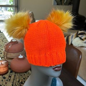 Neon Orange and Brown Double Pompom Knit Beanie